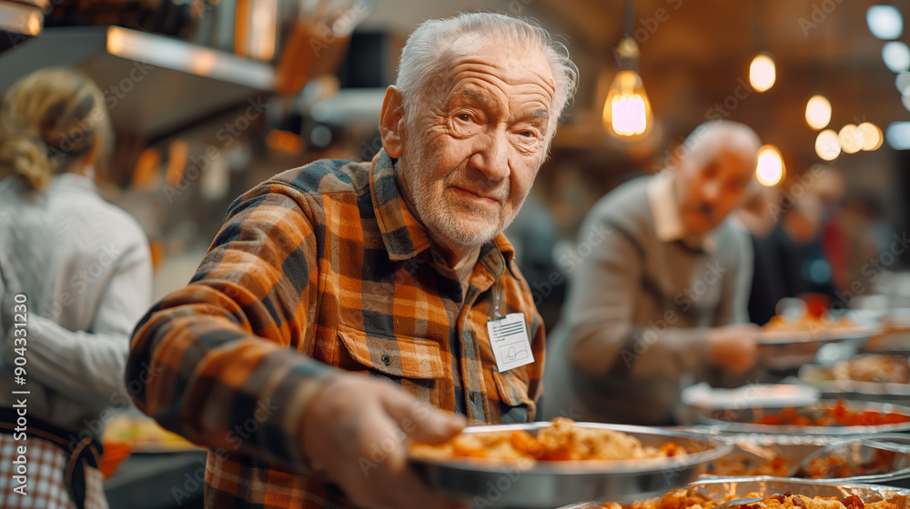 Elderly Man Serving Food at Community Soup Kitchen Elderly Man Serving Food at Community Soup Kitchen