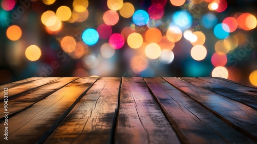 Empty wooden table with neon light bokeh background, night view, blurred bokeh lights background