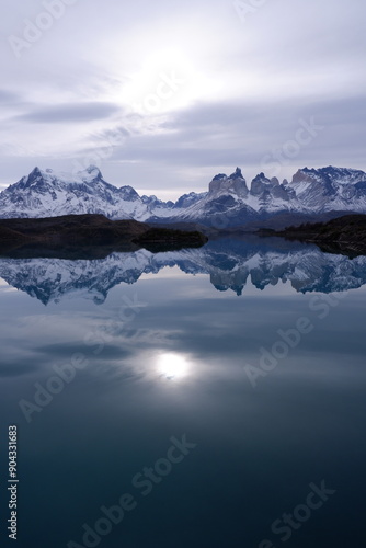 Reflection of Cordillera Paine in Pehoé Lake, Torres del Paine National Park in Chilean Patagonia