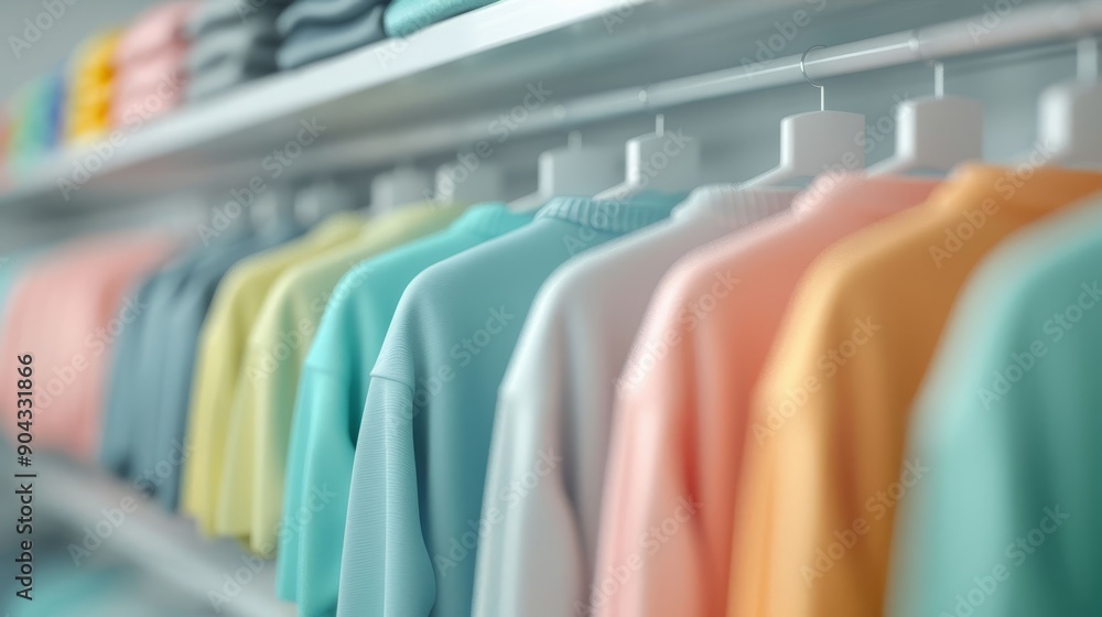 A row of brightly colored shirts are hanging on a rack A row of brightly colored shirts are hanging on a rack