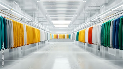 A clothing store with a white background and blue clothes hanging on the racks