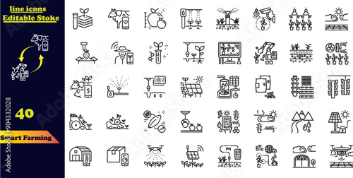 Set of thin line smart farm Icons . farming, gardening, agriculture, smart farm, farm animals, seeding.