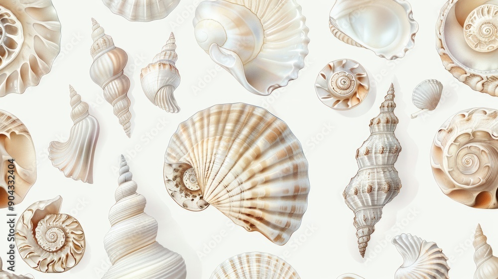 a collection of sea shells spread out on a clean, white background a collection of sea shells spread out on a clean, white background