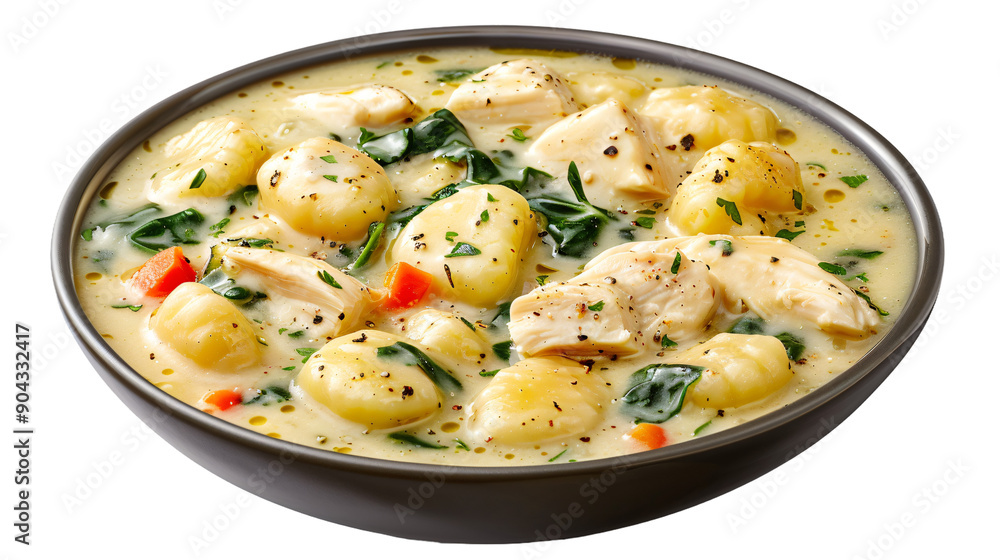 Yummy creamy chicken gnocchi soup with veggies in a bowl, topped with fresh herbs Yummy creamy chicken gnocchi soup with veggies in a bowl, topped with fresh herbs
