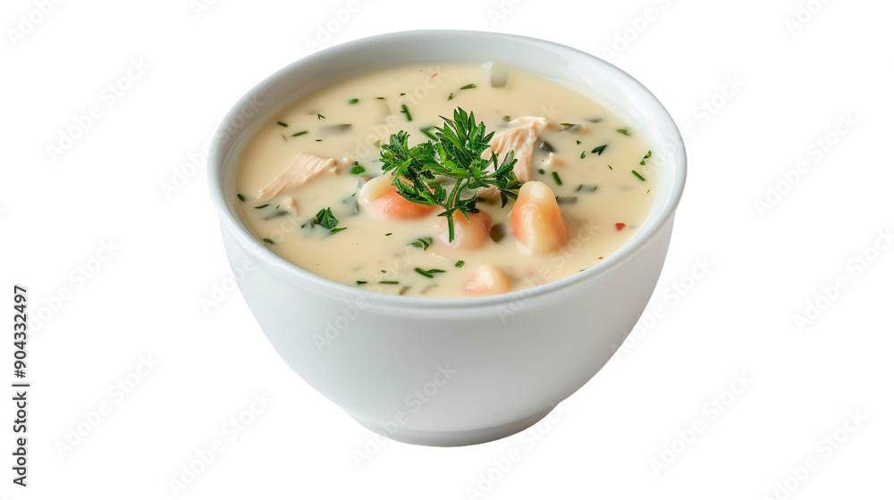 Bowl of delicious chicken soup with veggies and herbs, set against a clear background Bowl of delicious chicken soup with veggies and herbs, set against a clear background