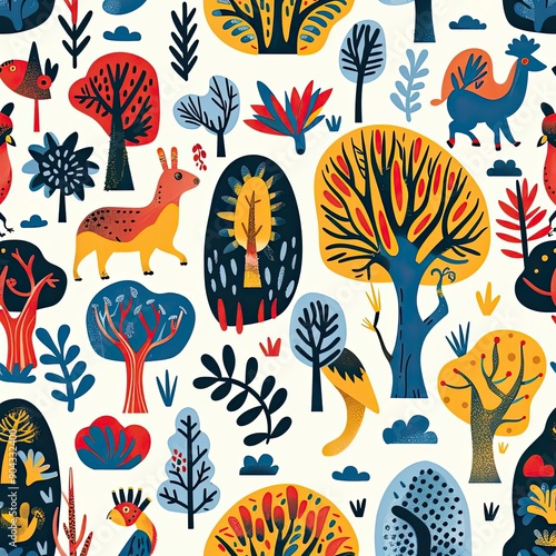 Playful eco-friendly seamless pattern featuring whimsical flowers and leaves in pastel colors, nature-inspired design, detailed and vibrant