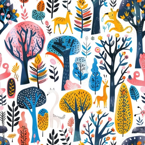 Playful eco-friendly seamless pattern featuring whimsical flowers and leaves in pastel colors, nature-inspired design, detailed and vibrant