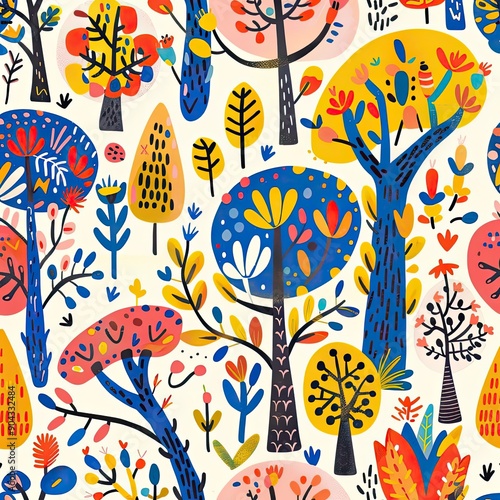 Playful eco-friendly seamless pattern featuring whimsical flowers and leaves in pastel colors, nature-inspired design, detailed and vibrant