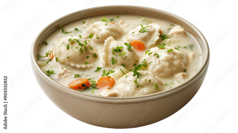 Bowl of homemade chicken and dumplings in a creamy broth garnished with fresh herbs and vegetables Bowl of homemade chicken and dumplings in a creamy broth garnished with fresh herbs and vegetables