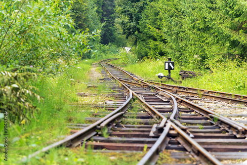 Obraz na plátně Railway switch on narrow-gauge rails in forrest Bieszczady mountain range low pe
