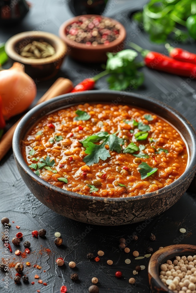 A bowl of red curry with a variety of spices and vegetables on a wooden table. The spices include cumin, coriander, and chili flakes A bowl of red curry with a variety of spices and vegetables on a wooden table. The spices include cumin, coriander, and chili flakes