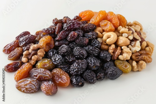 mix of dried fruits and nuts on a dark wood background. tinting. selective focus photo