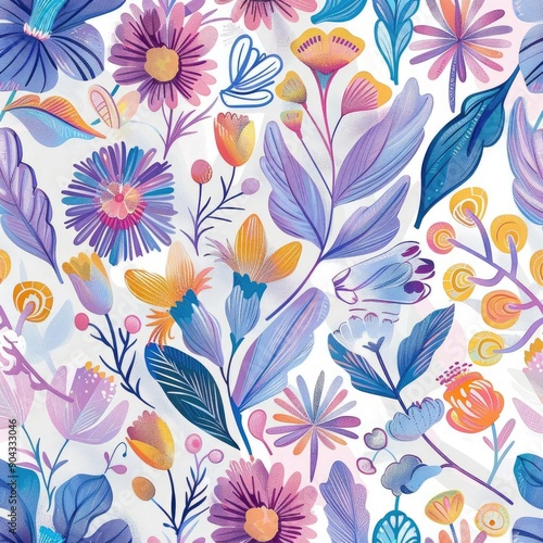 Playful eco-friendly seamless pattern featuring whimsical flowers and leaves in pastel colors, nature-inspired design, detailed and vibrant
