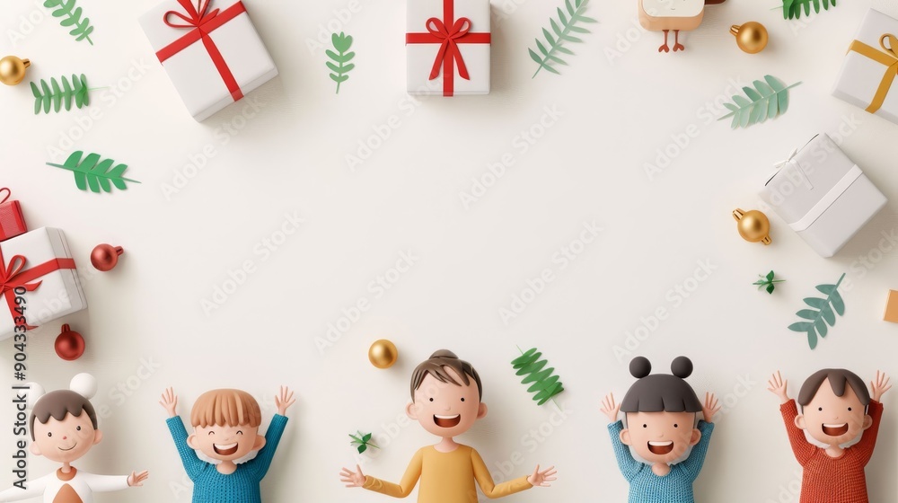 Fototapeta premium A group of children are standing around a blue box with a red ribbon on it