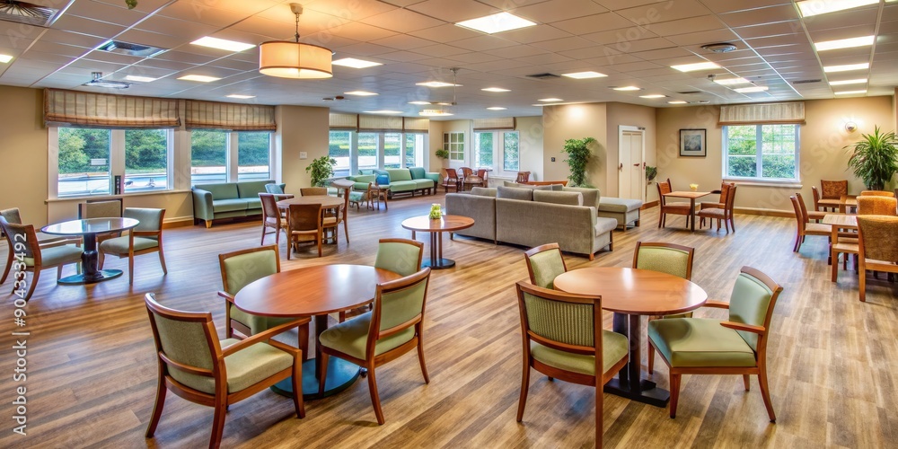A wide-angle shot of a well-lit lobby with various seating options. The composition includes a large couch, multiple tables and chairs, and windows that overlook a green landscape. A wide-angle shot of a well-lit lobby with various seating options. The composition includes a large couch, multiple tables and chairs, and windows that overlook a green landscape.