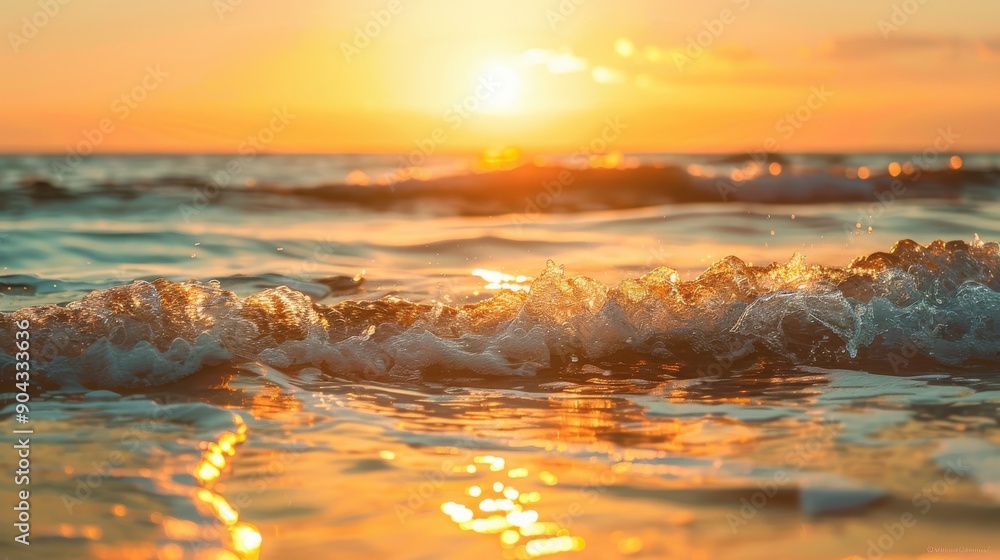 Golden sunset over a tranquil ocean, waves gently lapping against the shore, epitomizing natural tranquility Golden sunset over a tranquil ocean, waves gently lapping against the shore, epitomizing natural tranquility