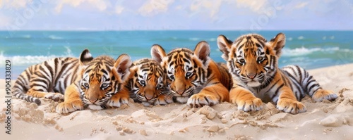 Four adorable tiger cubs playfully exploring golden sands on a sunny beach, showcasing their charming antics and youthful energy