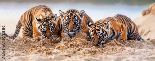 Three adorable tiger cubs playfully rolling in the warm sand on the beach, showcasing their playful nature and beautiful stripes under the sun
