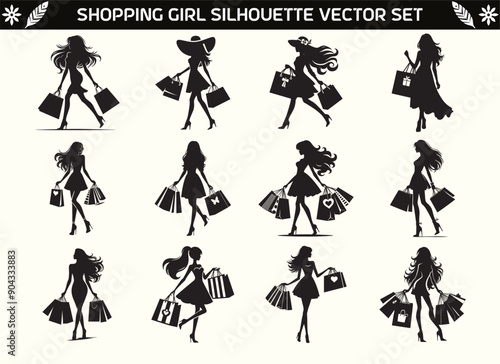 Shopping Girl Silhouette Vector Illustration Set