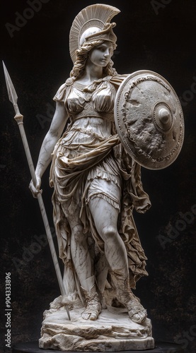 a marble statue of the goddess athena with a spear and a shield on black background
