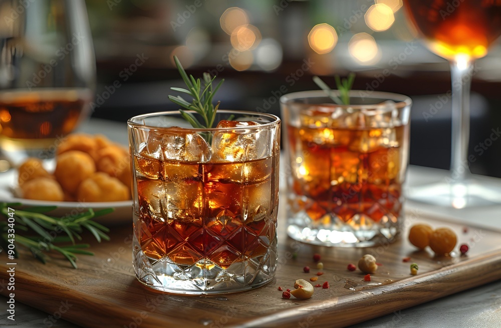 two glasses of alcohol on a wooden tray. two glasses of alcohol on a wooden tray.