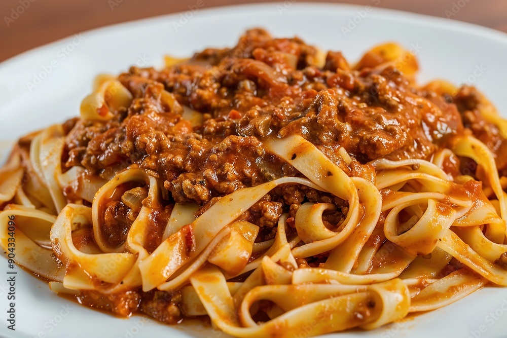 Close-up of delicious fettuccine pasta with bolognese sauce Close-up of delicious fettuccine pasta with bolognese sauce