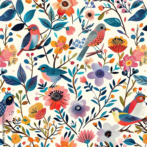 Eco-friendly seamless pattern featuring whimsical flowers and birds, playful and vibrant, detailed nature design © Sumet