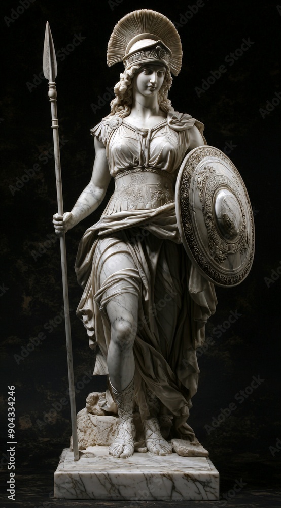Obraz premium a marble statue of the goddess athena with a spear and a shield on black background
