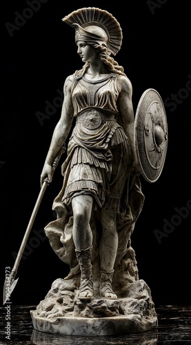 a marble statue of the goddess athena with a spear and a shield on black background