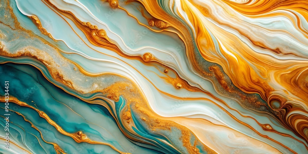 Fototapeta premium Abstract Swirls of Teal, Gold, and White Acrylic Pour, Abstract Art, Fluid Art, Acrylic Painting, Resin Art