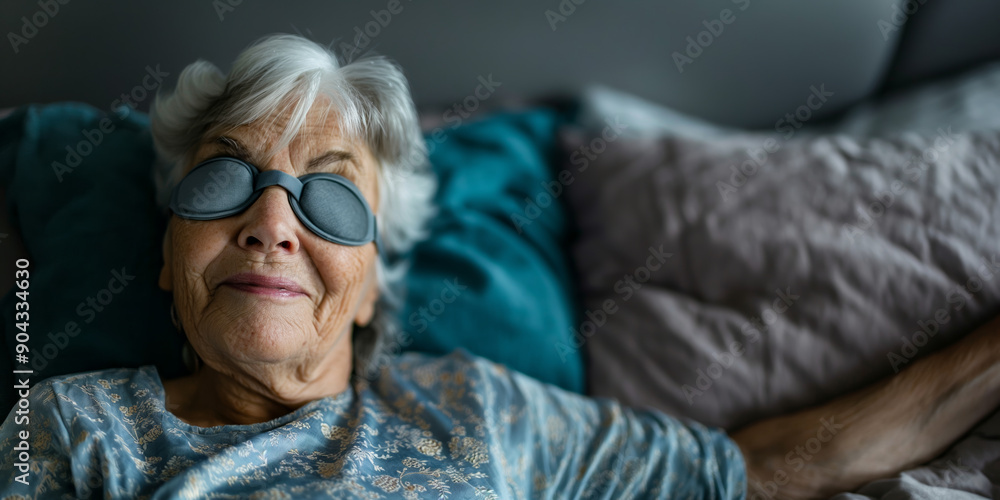 Fototapeta premium Relaxed Elderly Woman Resting with Eye Mask on Bed