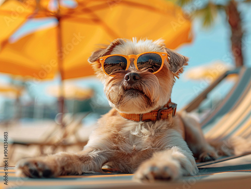 Wallpaper Mural a small dog wearing sunglasses and a collar, laying on a towel under an umbrella on a beach. Torontodigital.ca