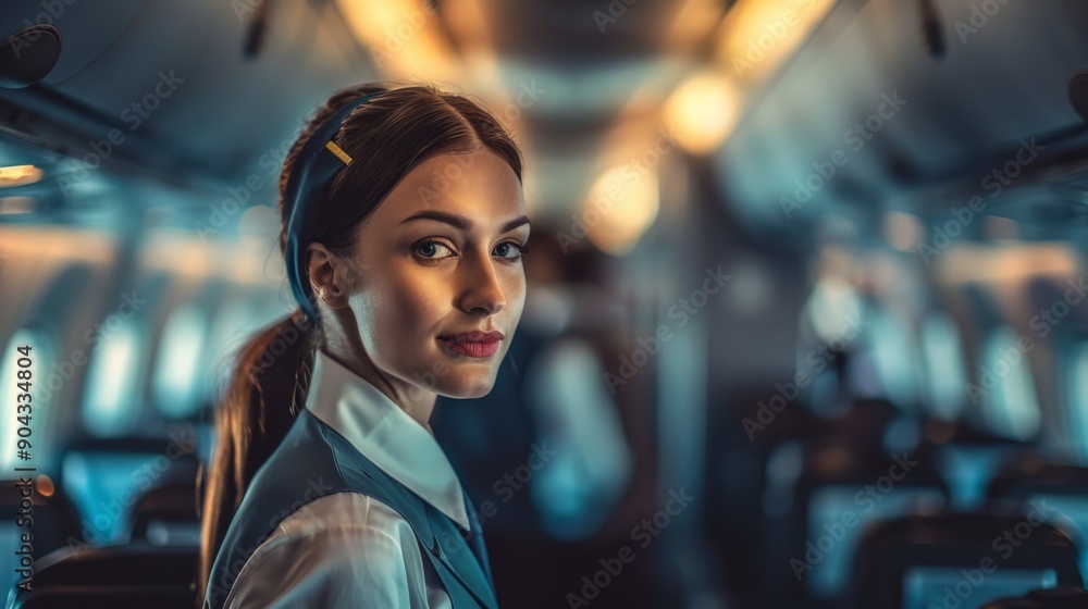 Woman flight attendant in uniform looking at camera in plane
Woman flight attendant in uniform looking at camera in plane
