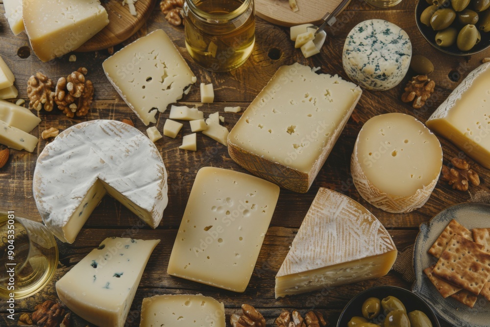 Gourmet Cheese Assortment on Rustic Wooden Board with Nuts and Olive Accents Gourmet Cheese Assortment on Rustic Wooden Board with Nuts and Olive Accents
