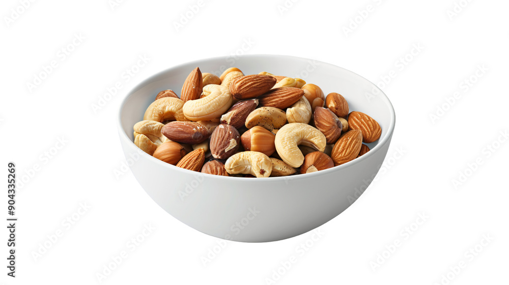 White bowl brimming with a mix of nuts like almonds, cashews, and hazelnuts White bowl brimming with a mix of nuts like almonds, cashews, and hazelnuts