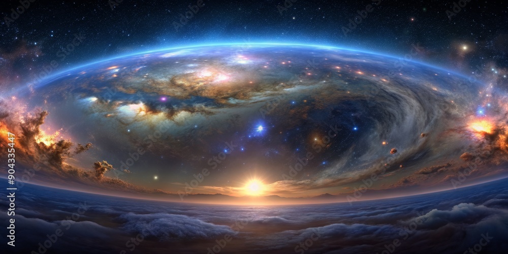 Obraz premium Atop the Clouds, Gazing at the Cosmic Tapestry, Digital Art, Galaxy, Sunrise, Clouds , space