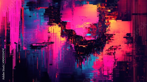 Abstract Glitch Art With Bright Colors in a chaotic, digital style featuring a mix of pink, purple, and blue hues.