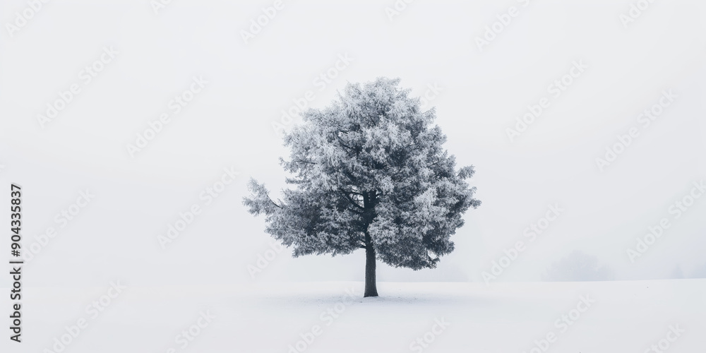 Fototapeta premium Solitary Tree in Winter Snowy Landscape During Heavy Fog