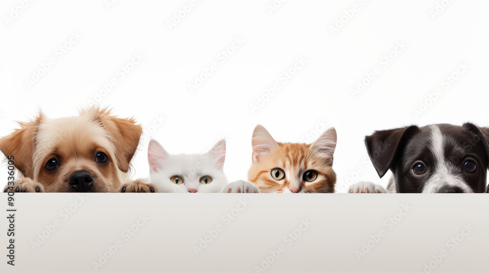 Obraz premium Lovely Cute dog puppy and tiny kitten looks above empty white banner. Isolated on a white background, copy space, Pet , Animal , Pet shop.