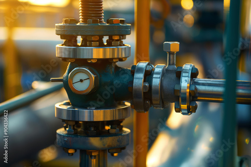 Industrial Valve and Pipe System with Gauge at Sunset in a Manufacturing Plant