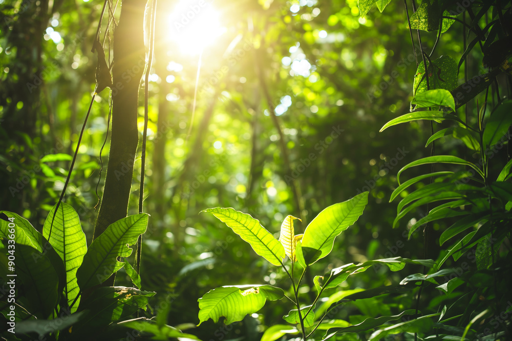Fototapeta premium Lush Sunlit Tropical Rainforest with Dense Green Foliage and Tree Canopy