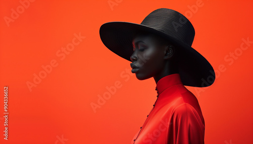 Profile of a young African woman in a red blouse and wide-brimmed black hat against a vibrant orange background.