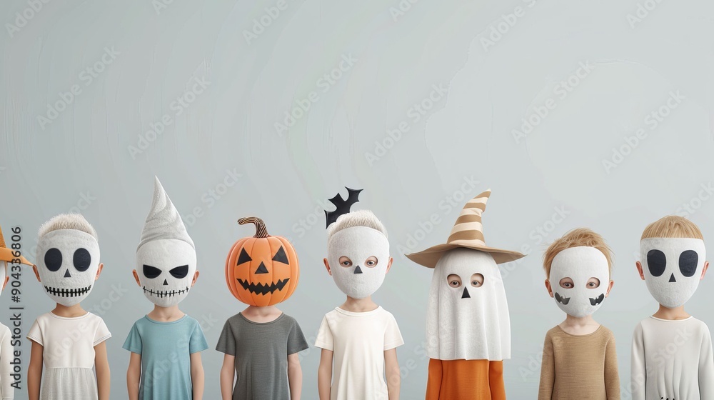 A row of Halloween masks with pumpkin and skull designs A row of Halloween masks with pumpkin and skull designs