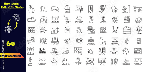 Set of thin line smart farm Icons . farming, gardening, agriculture, smart farm, farm animals, seeding.