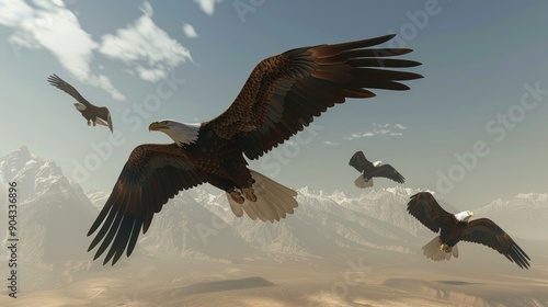 Bald Eagle Soaring Above Mountains.