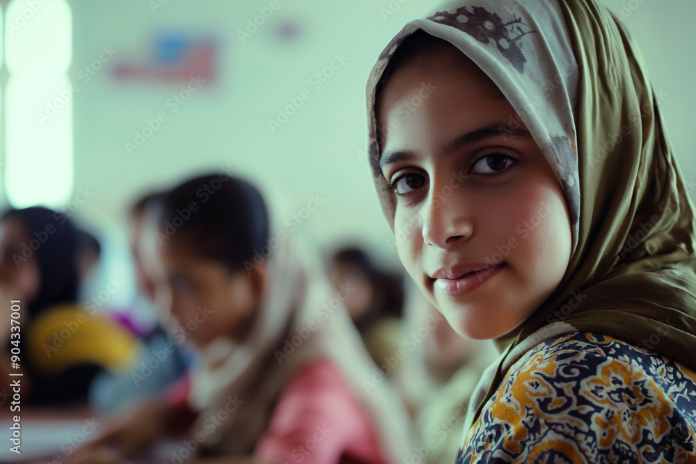 Smiling Girl in Classroom Wearing Headscarf Reflecting Cultural Diversity and Education Smiling Girl in Classroom Wearing Headscarf Reflecting Cultural Diversity and Education