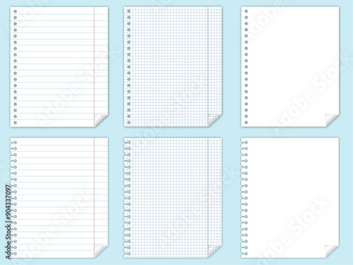 Vector illustration of white sheet of paper, torn out page of notebook, with lines and cells, with margins, with folded corner, empty form, blank