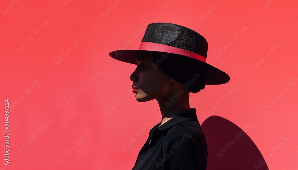 Silhouette of a young woman wearing a black hat with a red band, against a vibrant pink background, creating a bold and stylish contrast. Silhouette of a young woman wearing a black hat with a red band, against a vibrant pink background, creating a bold and stylish contrast.