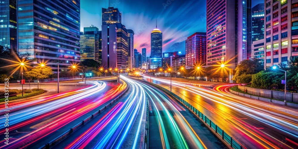 Fototapeta premium Cityscape Night Lights, Long Exposure, Traffic, Skyscrapers, Urban, Cityscapes , night