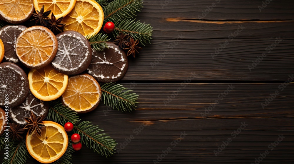 Fresh ginger cookies, spruce branches and citrus fruits on a dark background. Festive mood. Happy New Year concept Fresh ginger cookies, spruce branches and citrus fruits on a dark background. Festive mood. Happy New Year concept